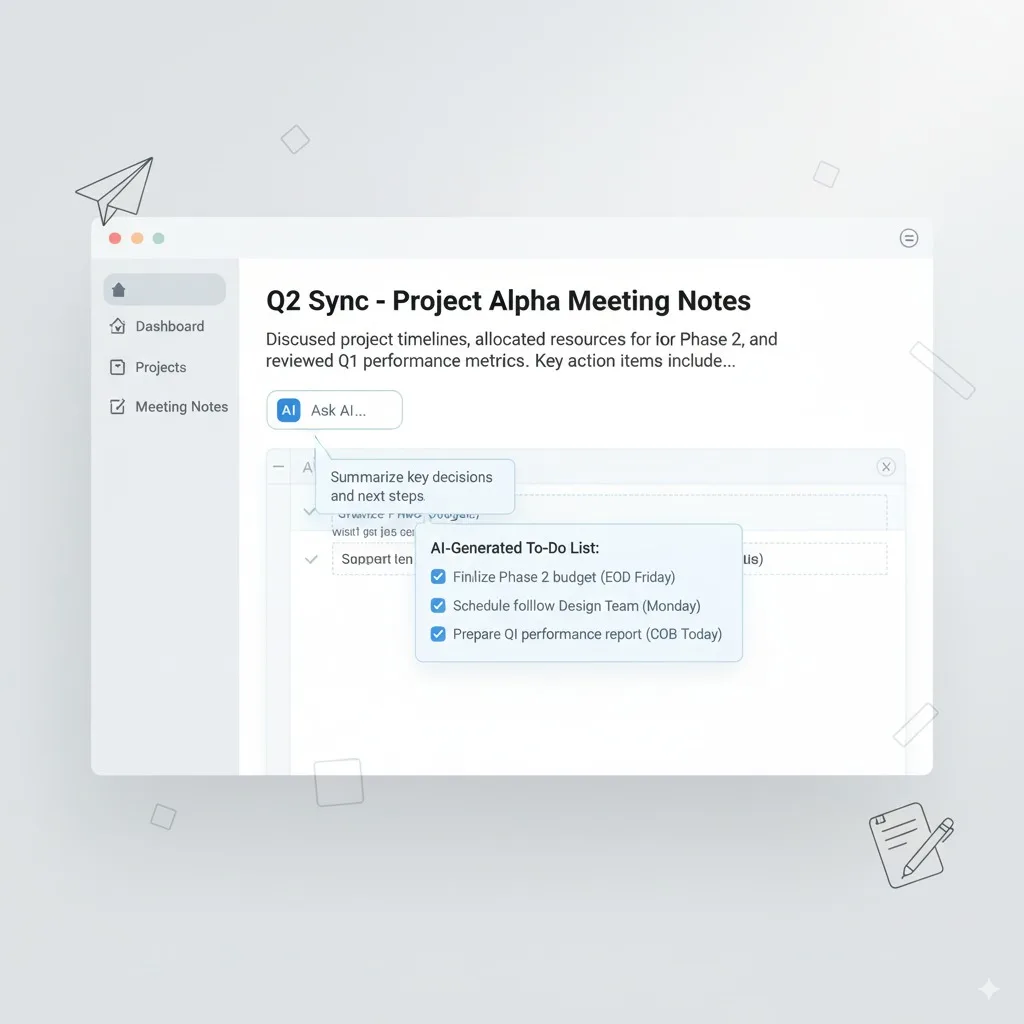 Notion AI writing assistant summarizing meeting notes inside a workspace